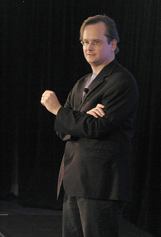 Photo of Lawrence Lessig
at the O'Reilly P2P conference